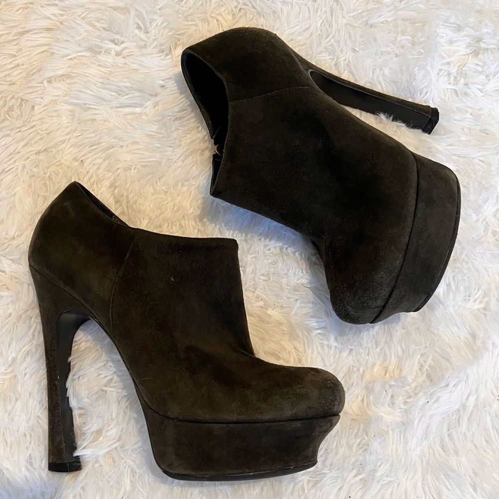 YSL smoke grey suede platform ankle booties